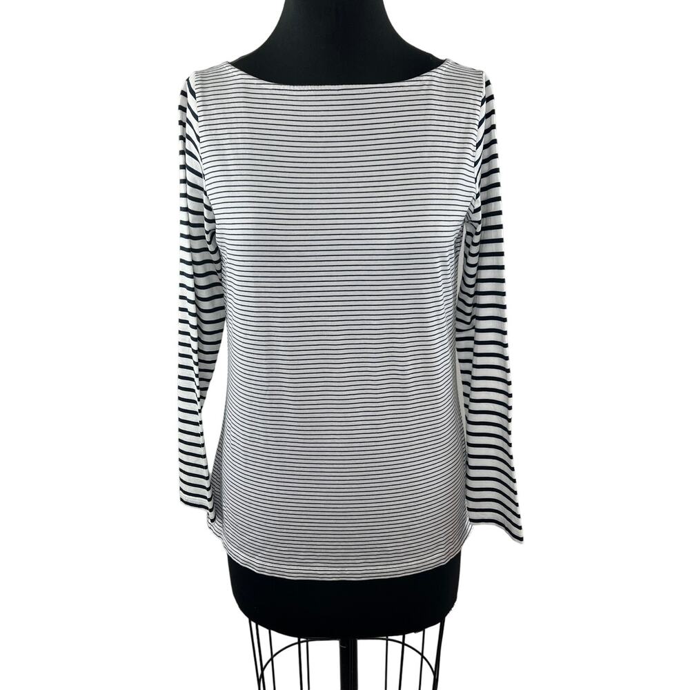 Ann Mashburn Long Sleeve Boat Neck Top White Black Striped Cotton Size M Medium